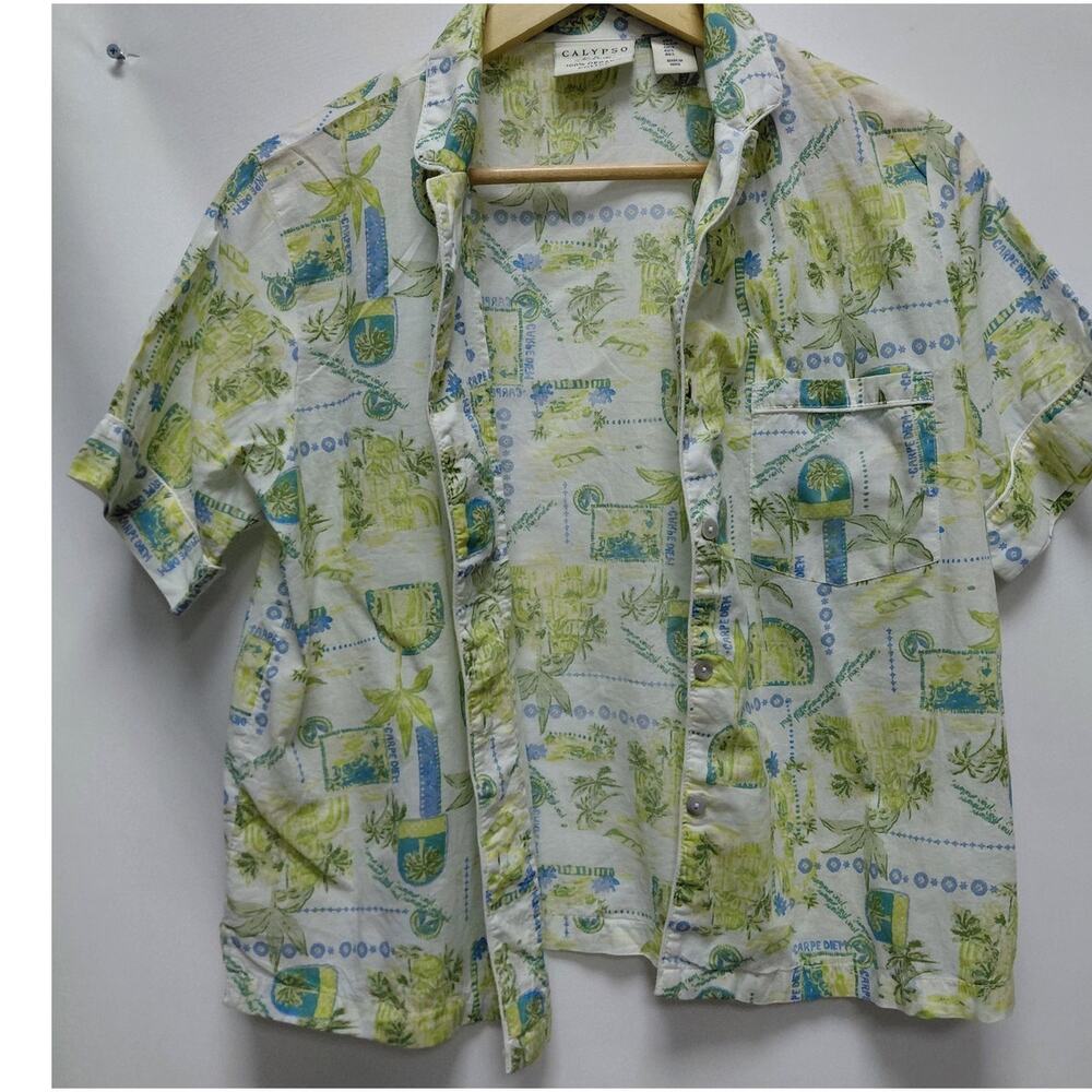 Calypso 100% Organic Cotton Shirt Green Graphic Print Short Sleeve Size S